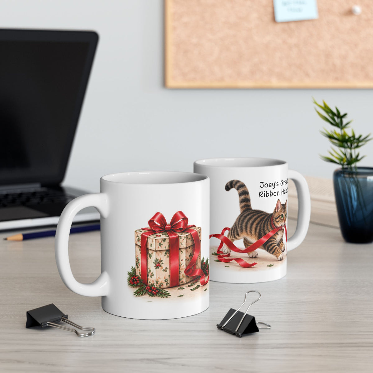 Christmas Cat Ribbon Heist -Personalized Ceramic Mug