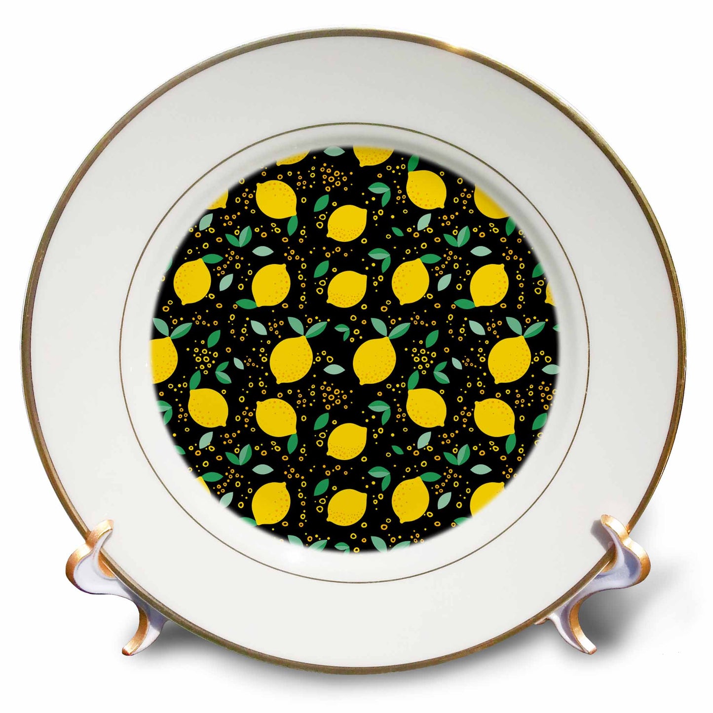 3dRose Festive pattern of yellow lemon citrus fruits on dark background - Plates (cp-363434)
