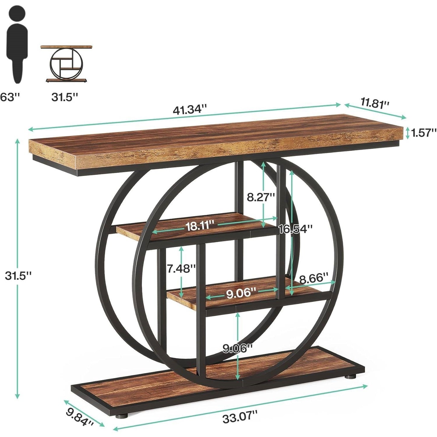 Modern Industrial 41-inch Long Narrow Entryway Foyer Console Table with Shelves