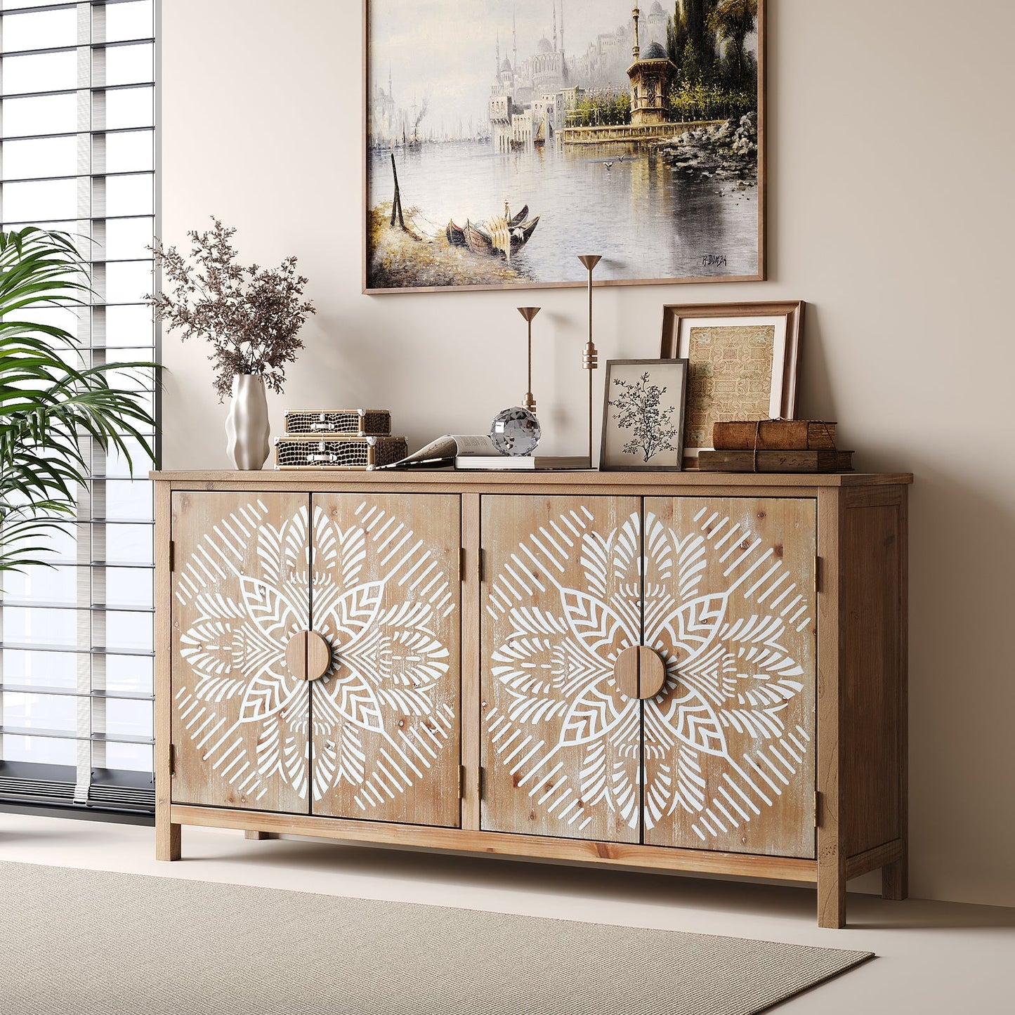 60" Wood Accent Cabinet with 4 Doors Brown and Antique White