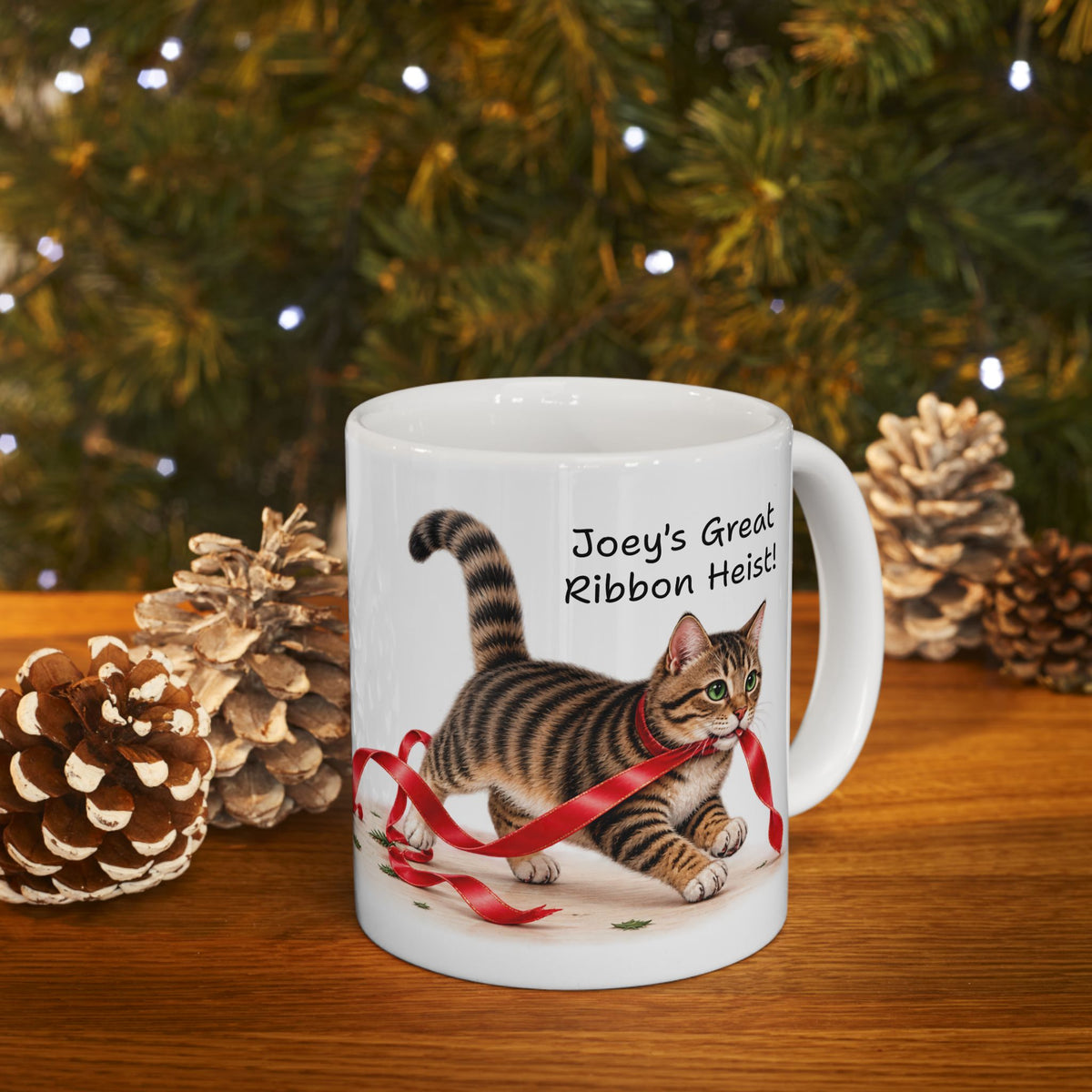Christmas Cat Ribbon Heist -Personalized  Ceramic Mug