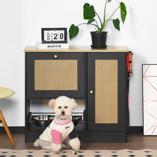 Feeding Station with 2 Lockers and Elevated Bowls Black