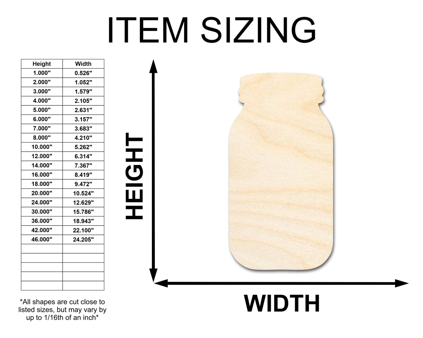 Unfinished Wood Mason Jar Shape - Rustic Country Craft - up to 46" DIY
