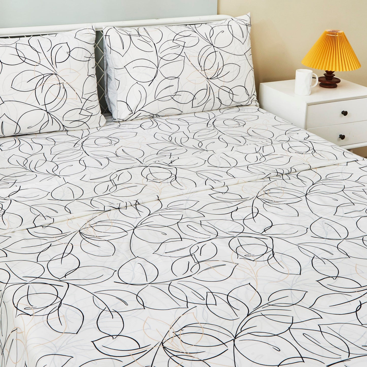 Tache Modern Abstract Leaf Line Art Foliage White Grey Black Gold Fitted Sheet / Flat Sheet (TJ3571)
