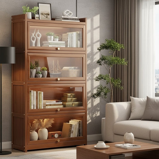 Tall Bamboo Bookshelf with Acrylic Doors, 4 Tier Storage Cabinet