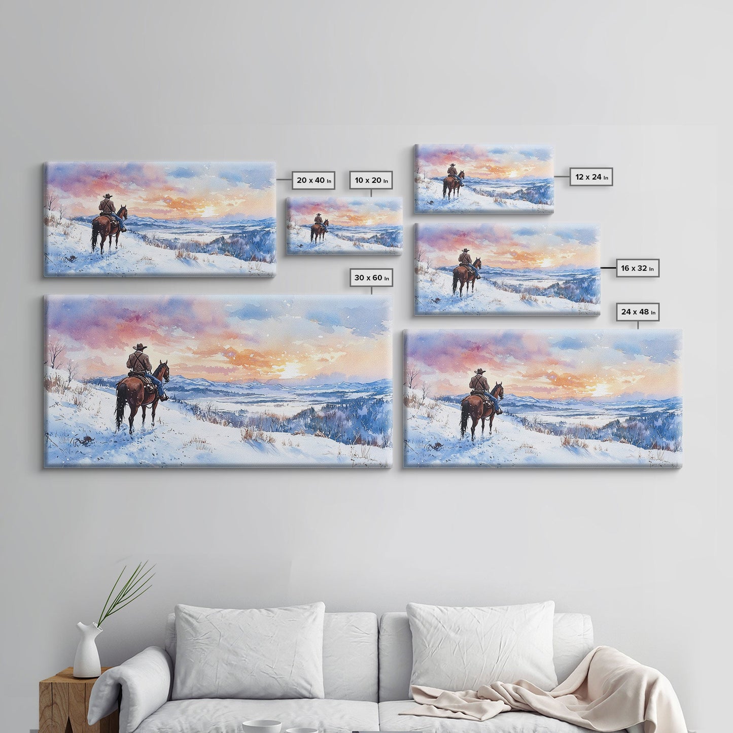 Lone Cowboy In Golden Prairie Framed Canvas Print Tall Art Rustic Autumn Landscape Western Country Decor Fall Home Wall Art Gift For Him
