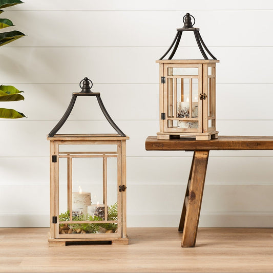 Set of 2 Natural Wood Lanterns with Open Metal Lid - Rustic Farmhouse Home Decor, Decorative Wood Lanterns