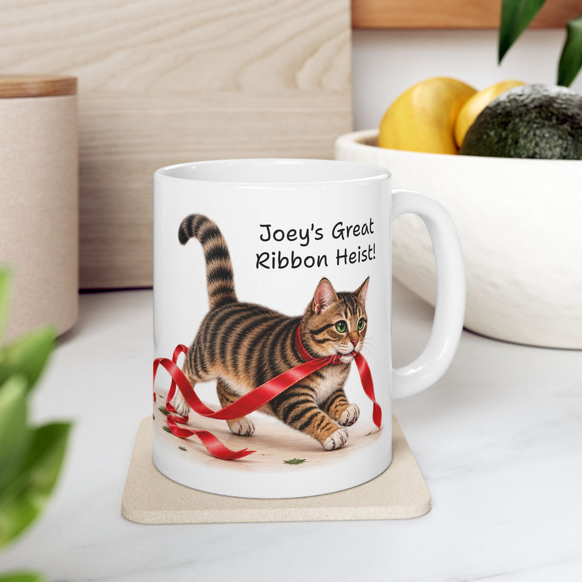 Christmas Cat Ribbon Heist -Personalized  Ceramic Mug