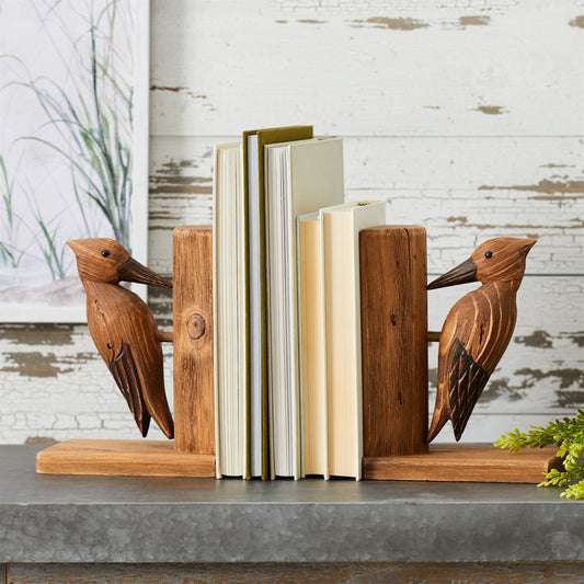 Set of 2 Rustic Pine Wood Woodpecker Bookends – Farmhouse Shelf Decor, Bird Bookends for Living Room & Home Office