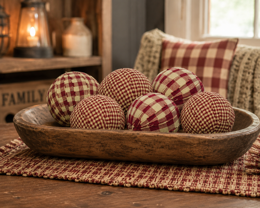 Set of 6 Burgundy Rag Balls Primitive Farmhouse Bowl Fillers
