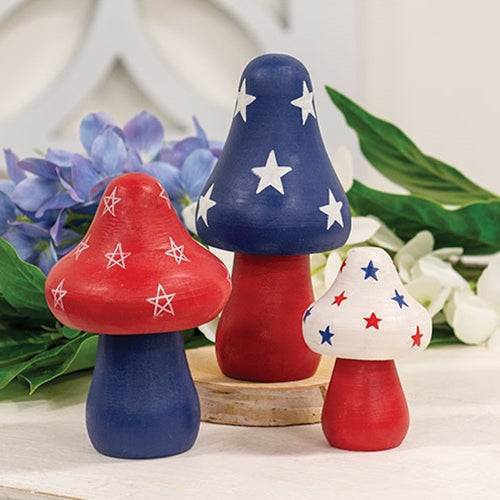 Set of 3 Wooden Americana Mushroom Sitters for Farmhouse Decor