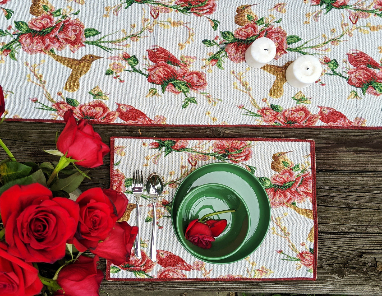 Tache Floral Red Roses Hummingbirds Woven Tapestry Placemat Set (18109)