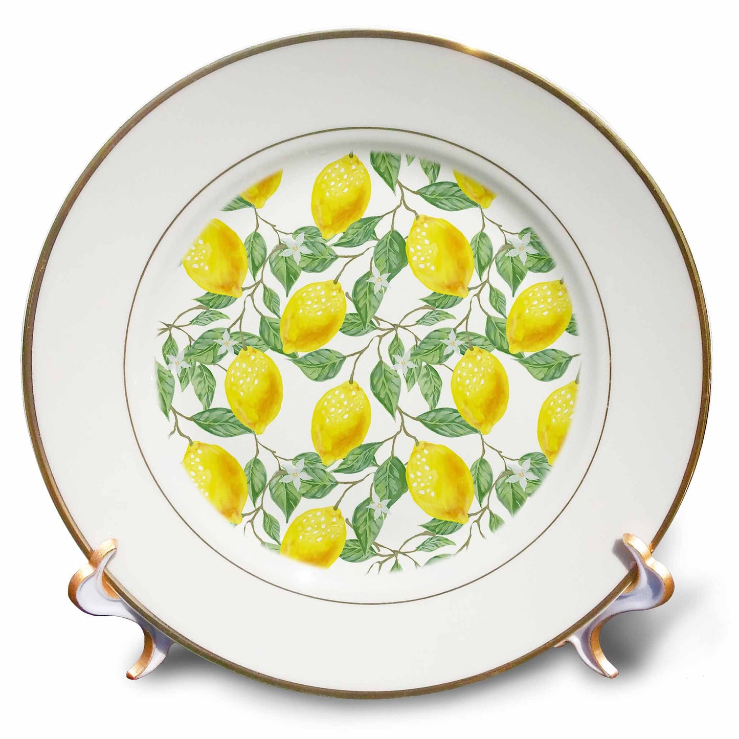 3dRose Alexis Design - Pattern Fruits - Image of yellow lemons, green leaves on white. Citrus fruits pattern - Plates (cp_319769)