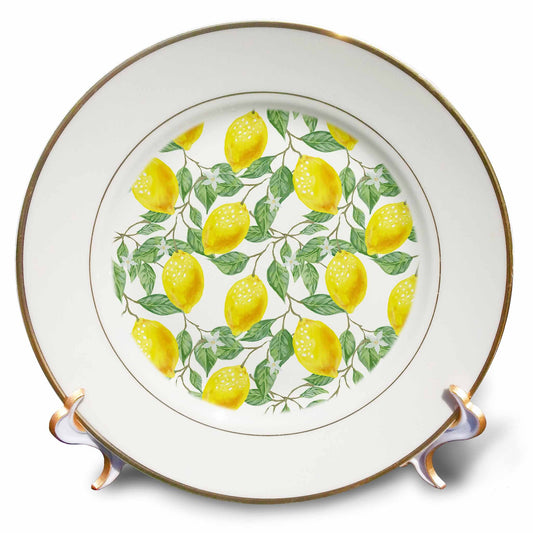 3dRose Alexis Design - Pattern Fruits - Image of yellow lemons, green leaves on white. Citrus fruits pattern - Plates (cp_319769)