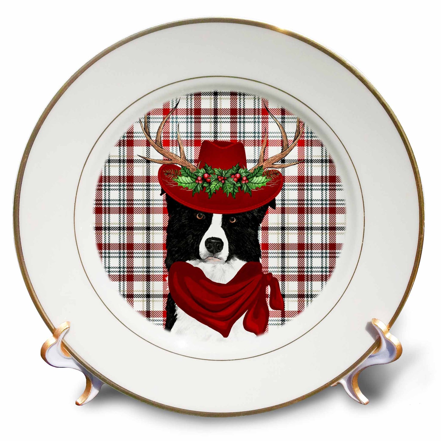 3dRose Western Plaid and Border Collie Country Christmas Cowboy Theme - Plates (cp_351750)
