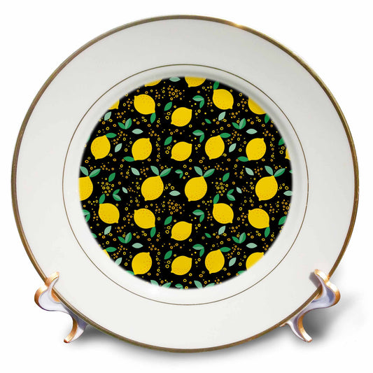 3dRose Festive pattern of yellow lemon citrus fruits on dark background - Plates (cp-363434)