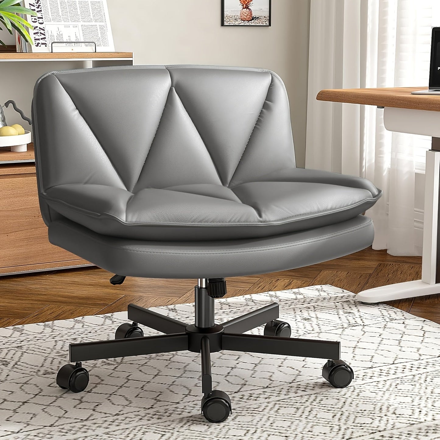 27" Wide Criss Cross Office Chair with Wheels – Adjustable Swivel Armless Vanity Desk Chair with Back Support
